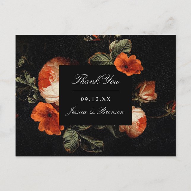 Postal Romántico oscuro flores rosas agradecimiento boda  (Anverso)