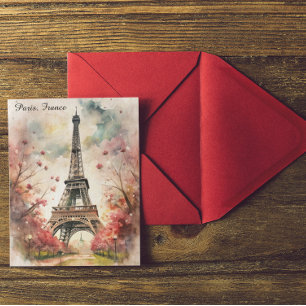 Postal Romántico París Torre Eiffel Floral de acuarela