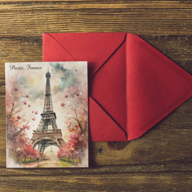 Postal Romántico París Torre Eiffel Floral de acuarela (Romantic Paris Eiffel Tower Watercolor Floral Postcard)
