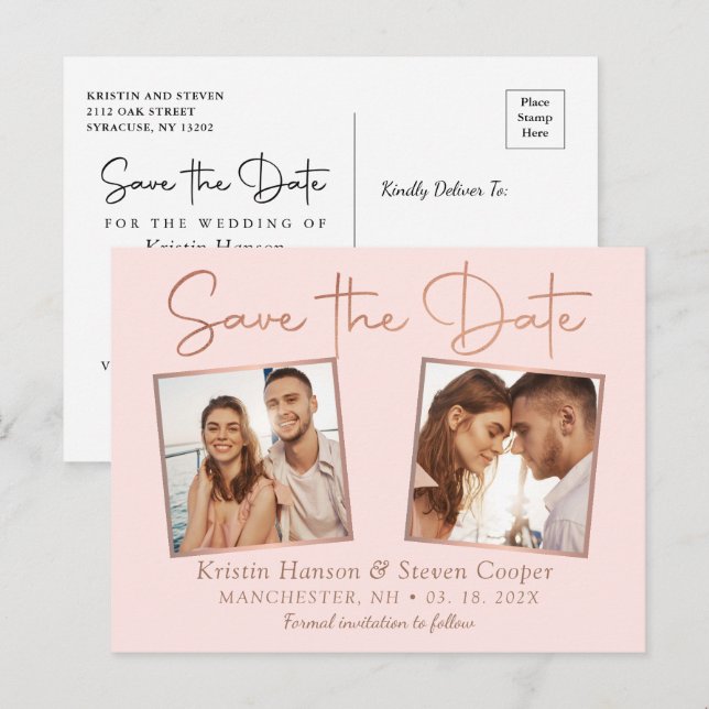 Postal Romántico Rosa Gold 2 Foto Guardar la fecha (Anverso / Reverso)