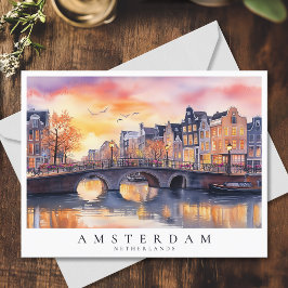 Postal Romántico Sunset Amsterdam Canal Watercolor Travel