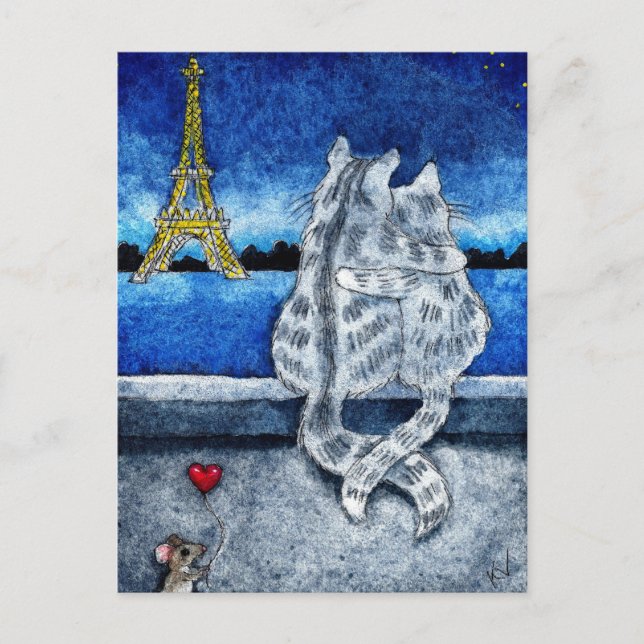 Postal Rompecabezas lindo París Gatos Corazón del ratón p (Anverso)