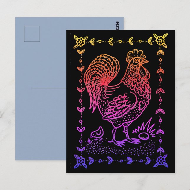 POSTAL ROOSTER DE PAÍS, HUEVO, POLLO Y FRONTERA DE ARTE F (Anverso / Reverso)