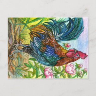 Postal Rooster Por El Jardín