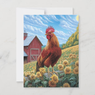 Postal Rooster sobre la pintura de una granja de girasole
