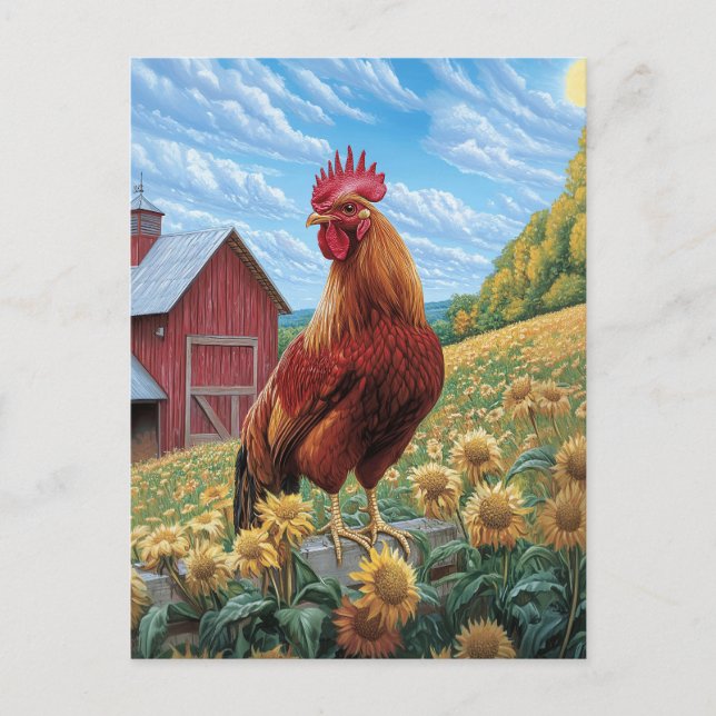 Postal Rooster sobre la pintura de una granja de girasole (Anverso)