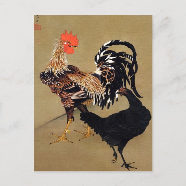 Postal Rooster y Hen por Ito Jakuchu (Anverso)