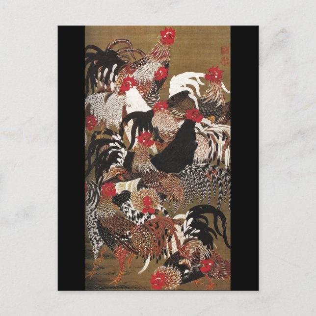 Postal Roosters Jakuchu Bella Artes japonés (Anverso)