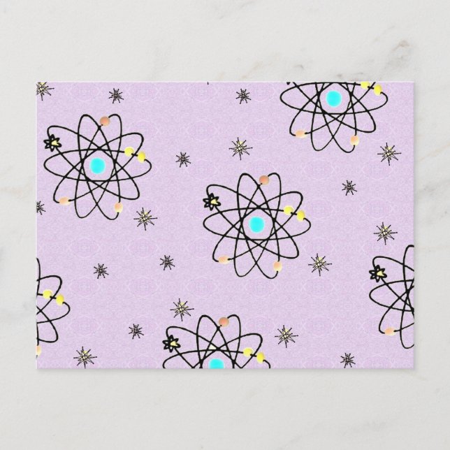 Postal Ropa y regalos retro de estampado atómico de los 5 (Anverso)