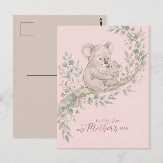 Postal Rosa, Amable mamá koala y joey (Anverso / Reverso)