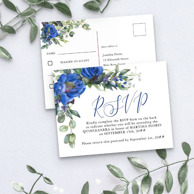 Postal Rosa azul elegante Quinceanera predireccional RSVP (Elegant RSVP Postcard from my Rose and Eucalyptus Quinceanera collection)