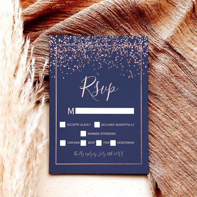 Postal rosa azul marino oro confetti typography rsvp (Subido por el creador)