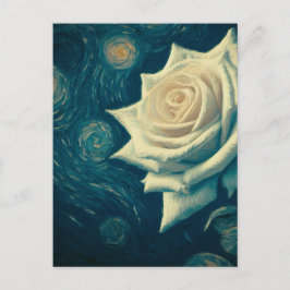 Postal Rosa blanca al estilo Van Gogh en una noche estrel