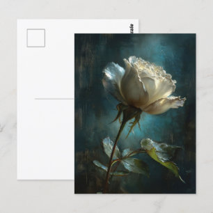 Postal Rosa blanca sobre fondo Verde azulado pintado