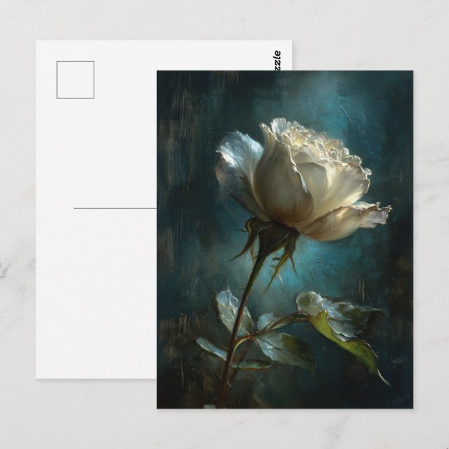Postal Rosa blanca sobre fondo Verde azulado pintado (Anverso / Reverso)