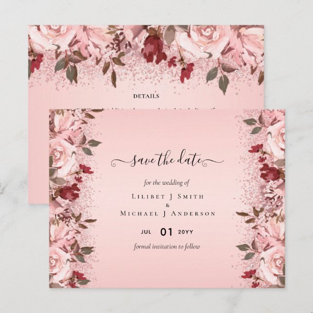 Postal Rosa Boda floral rosa borgoña dorada (Anverso / Reverso)