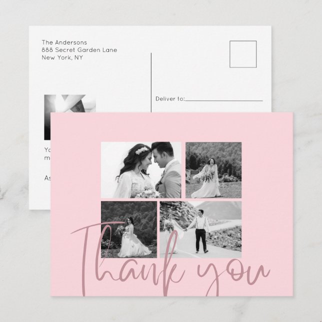 Postal Rosa collage de fotos Elegante Boda Gracias (Anverso / Reverso)