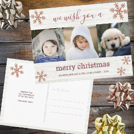 Postal Rosa Copo de nieve de oro 3 Foto Feliz Navidad