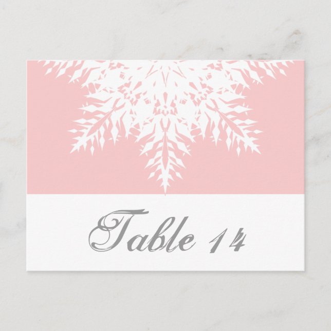 Postal Rosa copo de nieve, número de mesa de boda blanca  (Anverso)