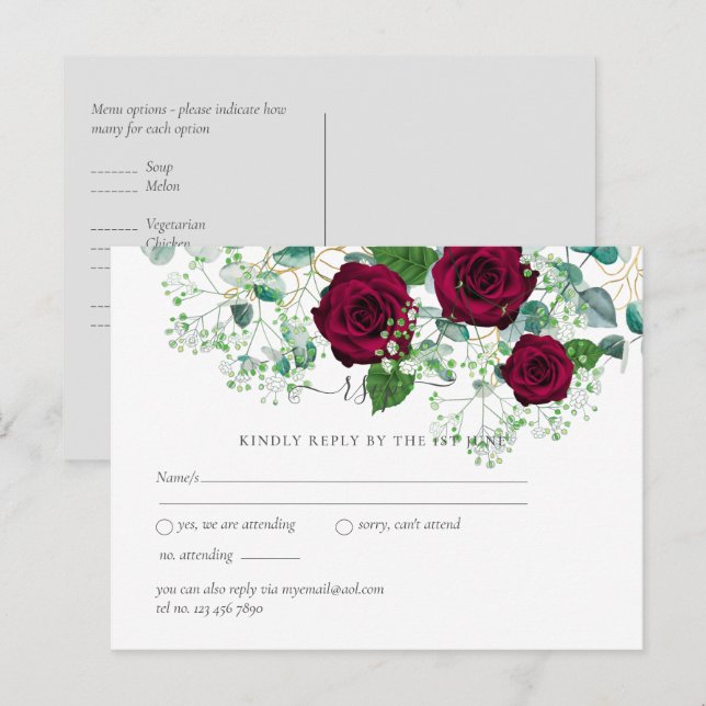Postal Rosa de Borgoña Sage Eucalyptus Wedding RSVP (Anverso / Reverso)