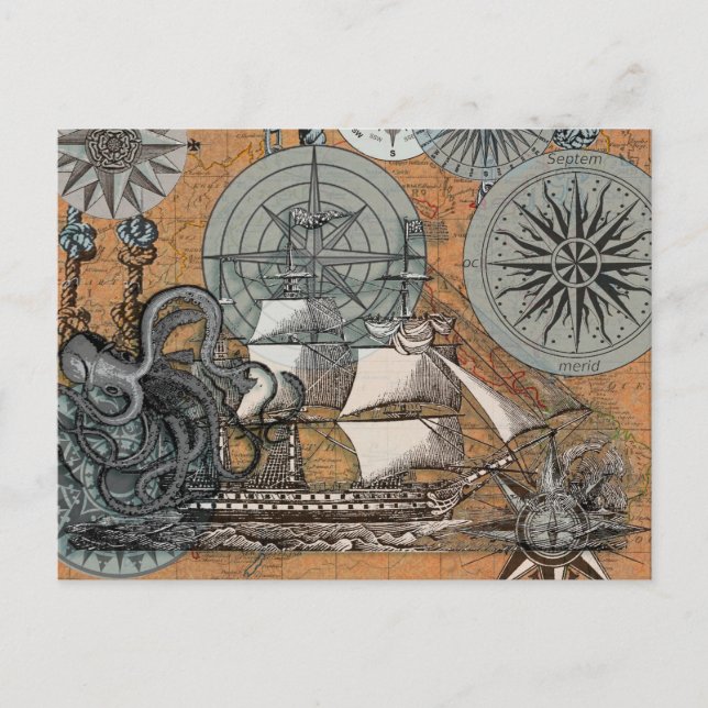 Postal Rosa de brújula Vintage Nautical Octopus Ship (Anverso)