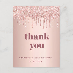 Postal Rosa de cumpleaños purpurina de oro gracias