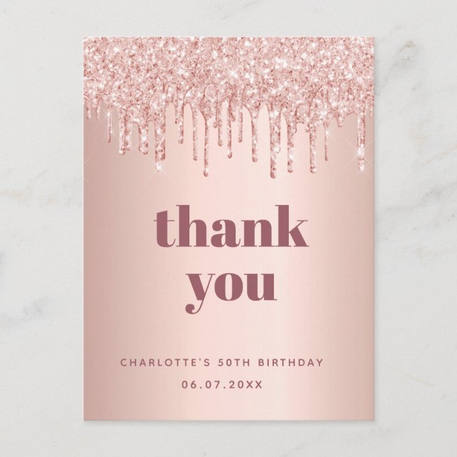 Postal Rosa de cumpleaños purpurina de oro gracias (Anverso)