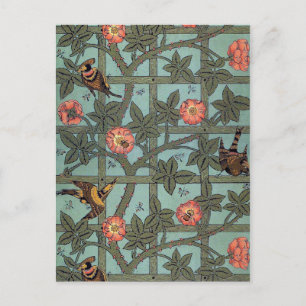 Postal Rosa de escalada y pequeño pájaro, William Morris