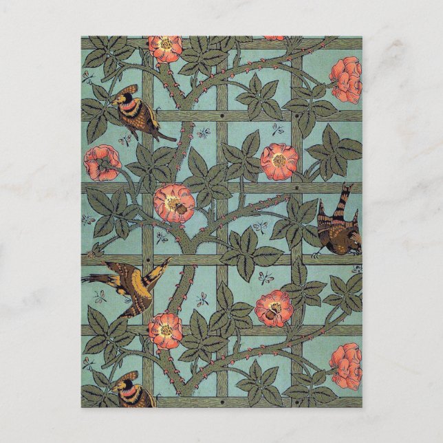 Postal Rosa de escalada y pequeño pájaro, William Morris (Anverso)