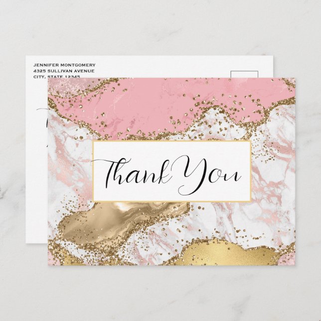 Postal Rosa de lujo Gold Pink Marble Design Gracias (Anverso / Reverso)