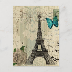 Postal rosa de mariposa beige damask Paris Torre Eiffel