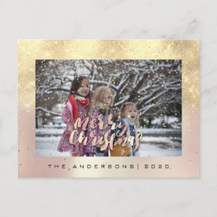 Postal Rosa de nieve de Feliz Navidad Purpurina de fotogr