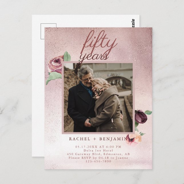 Postal rosa De Oro Purpurina De 50 Años Boda Inv (Anverso / Reverso)