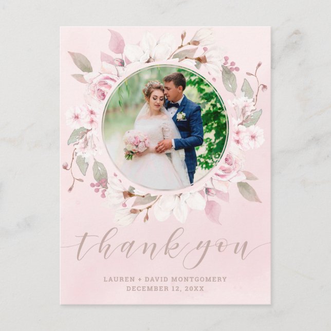 Postal Rosa de Rubor Floral Wreath Boda Foto Gracias (Anverso)