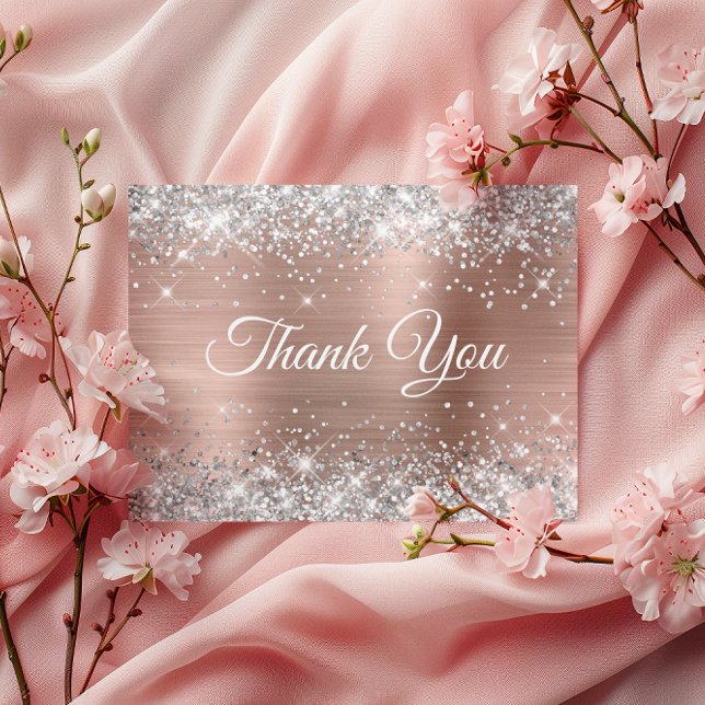 Postal Rosa dorado con purpurina plateada brillante graci (Sparkly Silver Glitter Rose Gold Foil Thank You Postcard)