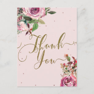 Postal Rosa Dorado Floral Moderno Gracias