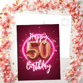 Postal Rosa Dorado Vibrante y Neon Rosa Cumpleaños 50