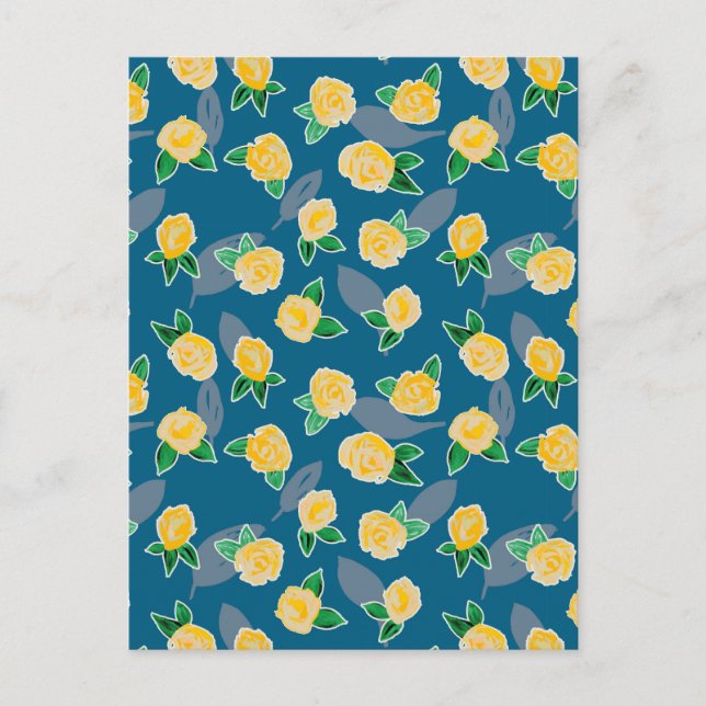 Postal Rosa floral amarillo en azul (Anverso)