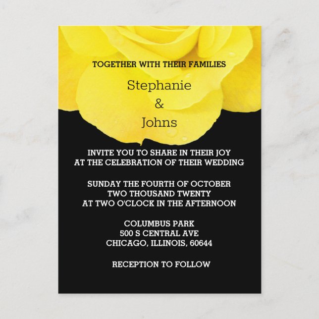Postal Rosa floral blanco amarillo Boda simple (Anverso)