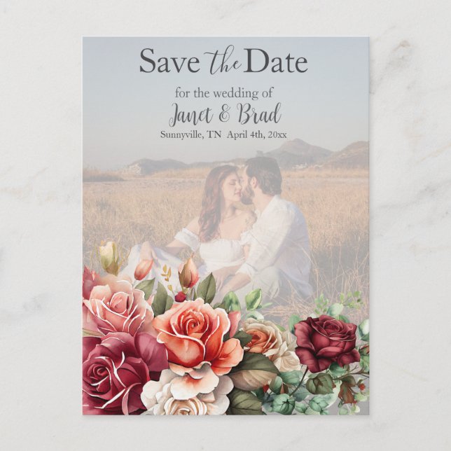 Postal Rosa Floral Eucalyptus Guardar la foto de la fecha (Anverso)