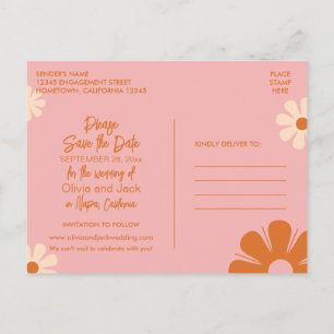 Postal Rosa floral retro y Naranja lindo Guardar la fecha