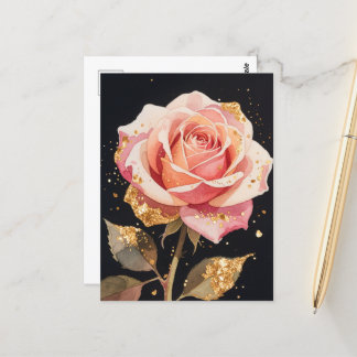 Postal Rosa flores purpurina de oro Óleo Pintura