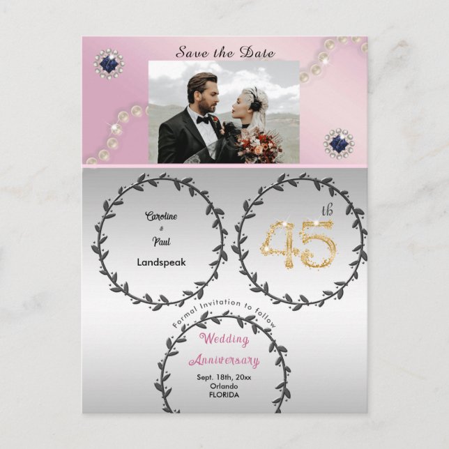 Postal Rosa Gold Sapphire 45º aniversario Guardar la fech (Anverso)