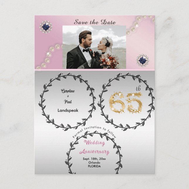 Postal Rosa Gold Sapphire 65 Aniversario Guardar la fecha (Anverso)