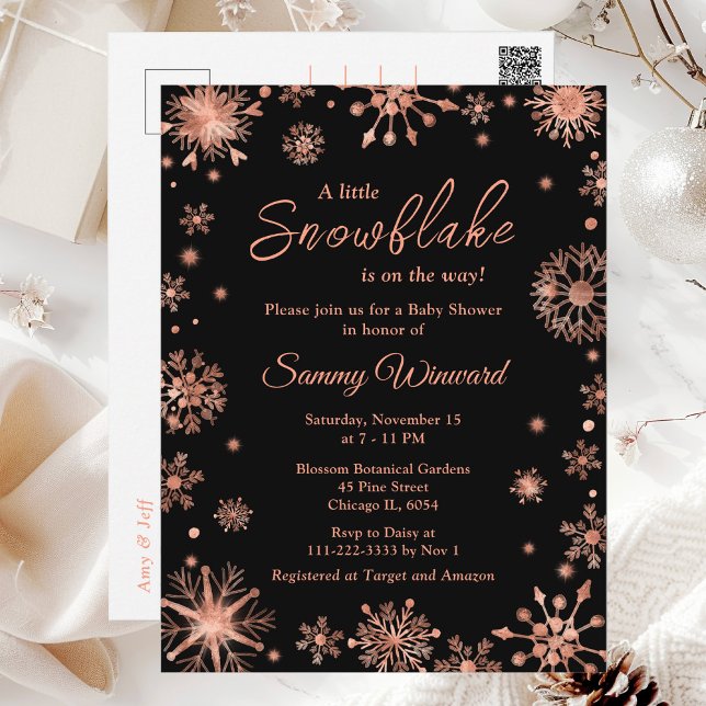 Postal Rosa Gold Snowflakes Winter Baby Shower (Subido por el creador)