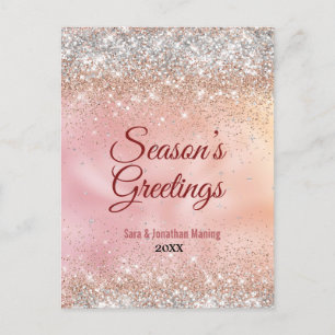 Postal Rosa lindo purpurina de plata Navidades Año Nuevo