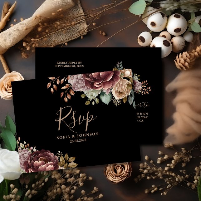Postal Rosa Moody Oscuro Caer Boda Floral Invierno Rsvp (Subido por el creador)