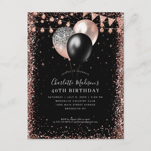 Postal Rosa negro globo Purpurina de oro cualquier cumple (Anverso)
