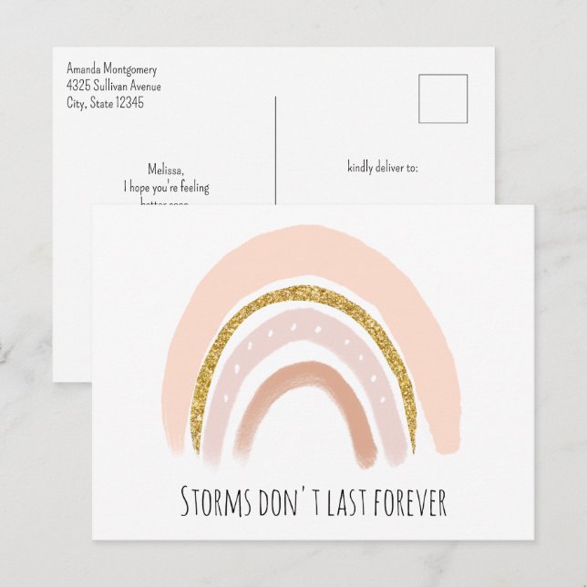 Postal Rosa Pastel y Arcoiris Boho Brillante de Recuperac (Anverso / Reverso)