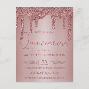 Postal Rosa Purpurina de espuma de oro perfora Quinceañer